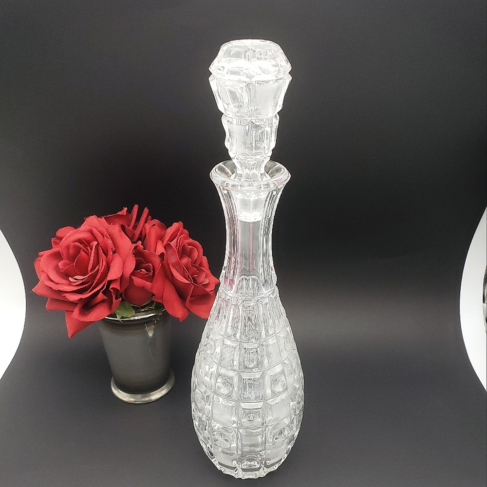 Vintage Imperlux Crystal Block & Circle Thumbprint Decanter West Germany 15"Tall